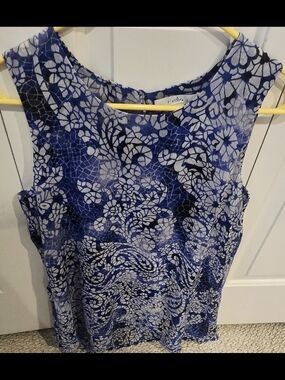 Fever Blue and White Floral Mosaic Flowy Tank, Women's S, Like New